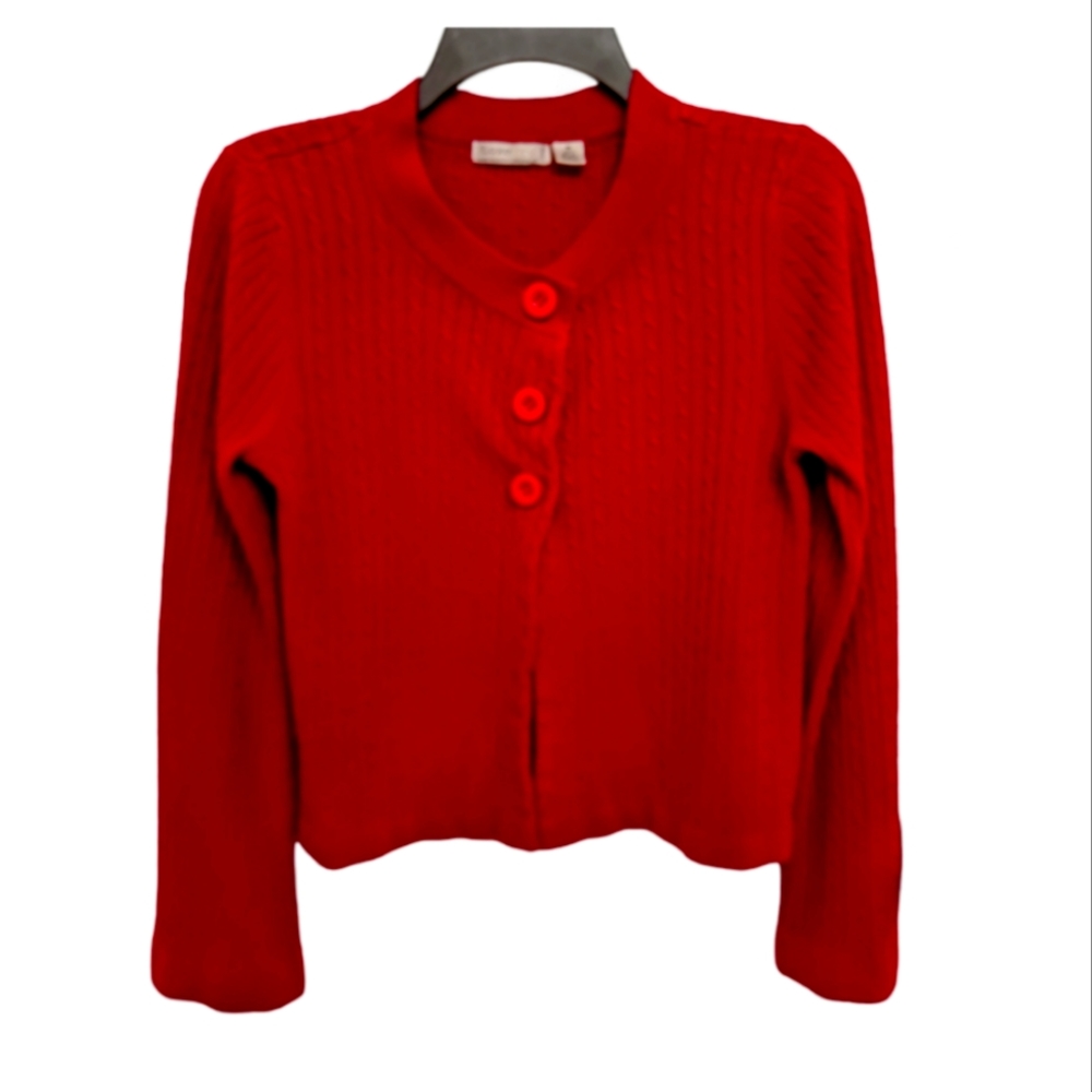 Luxe Wine Button Down Long Sleeve Knitted Cropped Cardigan Sweater Sz. M